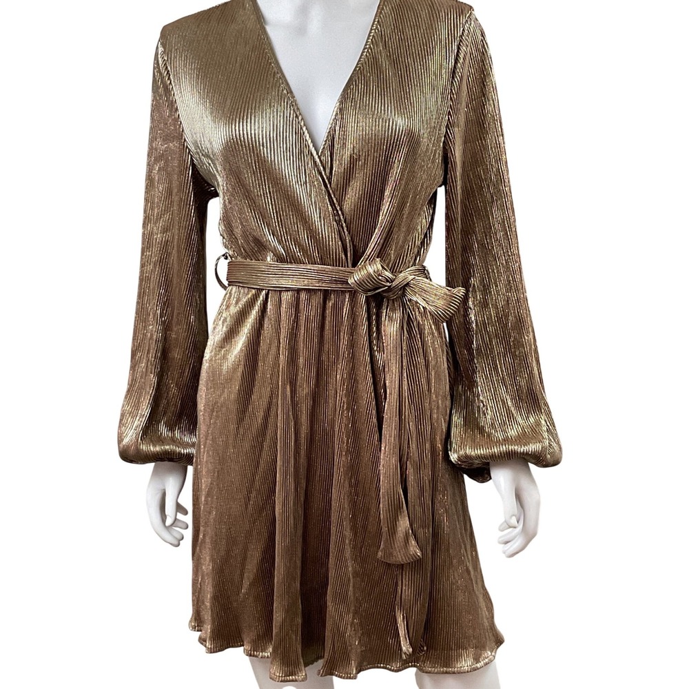 SBETRO Gold Metallic Pleated Wrap Dress Long Sleeve Tie‎ Waist Size L